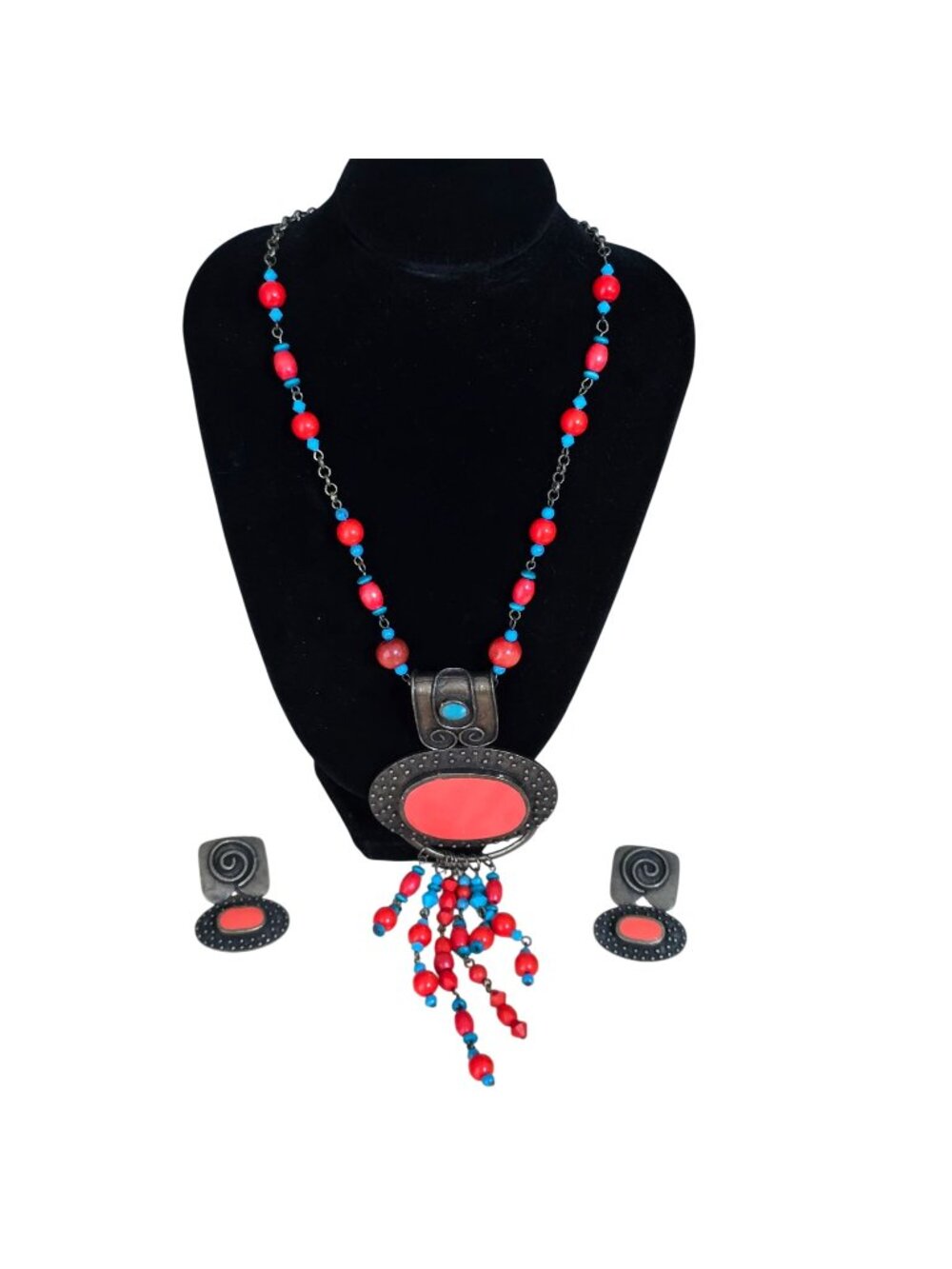 Boho Statement Necklace Set Red Blue Beads Dangle Pendant 19" Earrings